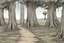 Placeholder: tree,, post-apocalypse, front view, foot path, , comic book, cartoon