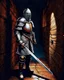 Placeholder: A frightening castle dungeon hallway with an knight warrior in rusty chainmail holding a zweihander painterly rpg art