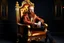 Placeholder: man with red beard sitting in a gothic armchair, golden armrests with trim