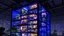 Placeholder: Cubic structure of steel and deep blue tinted glass, modular living spaces suspended inside, indigo light cascades through ceiling windows, residents going about their daily lives in multifunctional environments, vertical gardens illuminated with blue light, eco-futuristic style