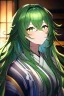 Placeholder: girl, masterpiece, best quality, cinematic lighting, detailed outfit, vibrant colors, perfect eyes, green eyes, long hair, green hair, messy hair, hair between eyes, indoors, depth of field, ray tracing, kimono,