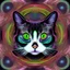 Placeholder: mystical black and white cat stretches on a psychedelic colored mushroom