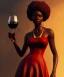 Placeholder: Negra Francisca, beautiful, curvy body, African slave, simple red fabric dress, long black hair, red headband, head and shoulders portrait, holding glass of wine, 8k resolution concept art portrait by Greg Rutkowski, Unreal Engine 5 volumetric lighting