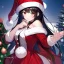 Placeholder: Clear focus, high resolution, black long fluffy hair, red eyes, wearing a chrimstas outfit, wearing a red short skirt, wearing a santa hat