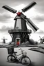 Placeholder: A realistic dark drawing black and gray with very defined details of a dutch windmill and a bike and a red light vector image with white background