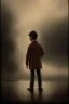 Placeholder: photorealistic oil painting of boy in 1820, standing on a street corner, dimly lit, dark clouds, rain, lighting