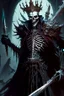 Placeholder: a demonic looking man with a sword in his hand, undead skeleton king, skeleton king, overlord season 4, ainz ooal gown, prince crown of black gears, the king of death, king of time reaper, overlord, lich vecna (d&d), dark and forboding, from overlord, scary knight, large black smile Overlord