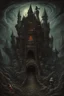 Placeholder: a painting of (a Mickey Mouse monster hybrid), giant teeth, a dark castle, dark surreal horror, oil painting, matte painting, detailed, intricate, unsettling