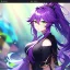 Placeholder: Clear focus, 8k, beautiful lighting, vibrant colors, girl, purple hair, long hair, vibrant green eyes, ponytail, messy hair, hair in between the eyes,