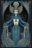 Placeholder: tarot card, tarot card Queen of Cups Thoth, tarot card borders and artistic border flourishes, styled Zdzislaw Beksinski and Aubrey Beardsley, and Paul Klee, hyperdetailed, black background, eerie, magical effects, hard card edges, smooth, crimson and midnight_blue, trending on Artstation, 8k, wonderfully morbid, by Frieda Harris