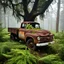 Placeholder: Extremely detailed 8k photo of a broken down truck of the 60s with rust and worn colors abandoned under an big tree, vegetation took over the area. Leafs on bonnet, professional photo, extremely high details, vivid colors, foggy forrest in the background, tall ferns around.