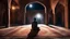 Placeholder: Hyper Realistic Photographic-View of a Man Worshiping-Namaz inside a prehistoric-brick-walled-mosque with pre-historic-carpets & Lalten on walls with moon-light-rays coming from outside Mosque-Window at dark-night showing dramatic & cinematic ambiance.