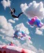 Placeholder: Ultra realistic clouds sky scene, wide angle, sweet childs falling down, inflatable color clothing, free jumping flying, many trinkets, monster hair, hair monster, many jelly beans, balls, smile, happy, circus style, extreme, wind, clouds sea, 20,000 feet altitude, stratosphere, soft color, highly detailed, unreal engine 5, ray tracing, RTX, lumen lighting, ultra detail, volumetric lighting, 3d, finely drawn, high definition, high resolution.