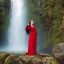 Placeholder: a seductive woman wearing a medieval dress posing by a waterfall