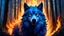 Placeholder: acrylic illustration, acrylic paint, oily sketch, A royal flaming wolf emerging from a magical big forest, blue flames, front facing, portrait, closeup, dark, bokeh, dawn, god rays, highly detailed, highres, Cinematic, Cinemascope, astonishing, epic, gorgeous, ral-fluff