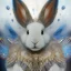 Placeholder: white platinum rabbit with blue third aye and butterfly wings, aboriginal, dot painting, indiginous, dot, mud, dream-time, abstract, dots, natural pigment, extremely sharp detail, finely tuned detail, ultra high definition, 8 k, unreal engine 5, ultra sharp focus, art germ and Paul Lewin and Kehinde Wiley