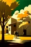 Placeholder: trees with leaves and shadows of a man and a woman in the Sun and clouds a house in the background peaceful abstract artwork, calm