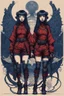 Placeholder: cyberpunk full body, 2 girls huge and petit, in symetric illustration by <Katsushika Hokusai><John Kenn Mortensen>, darkred tones, darkblue tones, hyperdetailed,