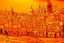 Placeholder: An orange colored town with a coliseum designed in Moroccan rug art painted by Albrecht Durer
