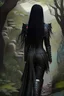 Placeholder: beautiful elven girl with black hair, she wears black fantasy medieval clothes, she is slim, full body with boots, view from the back, hidden face