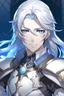 Placeholder: white hair blued eyed handsome young male anime character name Jin Hitoshi who has long flowing white hair, blue eyes, and knight armor
