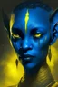 Placeholder: Night time, portrait, Na'vi with a short hair, Avatar, blue skin, two ears, yellow eyes, black hair, african clothes, alien, pandora, red mark on the face