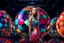 Placeholder: beautiful lady with todays modern clothing and sport shoes, in surreal stage made of fractal random size spheres with helical strip colors in clothing similar to environment full body posing to camera,animating background metallic random color cubes