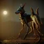 Placeholder: A portrait post-apocalypse of Jackal Egyptian God Anubis ,in the third temple, sci-fi fantasy style, volumetric lighting, particales,highly detailed,cinamatic,8k,3D,fire and black deep colours,ignore NSWF