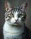 Placeholder: Detailed Surreal Portrait of Oriental blue and white tabby cat, with white face and green eyes by Van Gogh in muted colors.