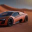 Placeholder: 3d rendering. futuristic car. Buried in desert sand. Lost in Time