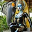 Placeholder: female humanoid robot, beautiful like a supermodel from the sixties, beautiful eyes, sexy, helmut newton, glass bubble, elephant sculpture, lord ganesha