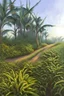 Placeholder: The drawing is devoid of characters. It is a drawing of the countryside of the village of Hajj Khalil. It shows tall banana trees, with tall green grass next to them, then a path decorated on both sides with beautiful green grass with warm sunlight reflecting on it. The sky is turning purple and the sun is about to set. Make it an oil painting