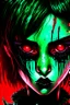 Placeholder: Comic book art style black lamb with red eyes, contrasting green meadow, cartoonist, digital portrait, dark fantasy, black iridescent skin, holographic, shiny, PVC texture, wet look, anime, gothic