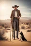 Placeholder: Full body cowboy in a desert with a dog and fancy walking stick