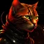 Placeholder: A realistic humanoid cat, sunset orange fur, blood red stripes, Wearing black leather armour, Glowing green eyes, shrouded in shadows, sparks and flames surrounding, piercing left ear