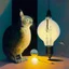 Placeholder: Abstract painting formed by a mix of human flesh-like surgical instruments and universe-like neuralink, a cat looking at a pigeon inside a huge bulb between light and shadow at dusk,surrealism,minimalism,Painting By Adrian Ghenie, Rene Magritte, Salvador Dali, Lucian Freud