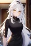 Placeholder: girl, masterpiece, best quality, cinematic lighting, detailed outfit, vibrant colors, perfect eyes, long hair, white hair, golden eyes, ponytail, messy hair, captain outfit, hair between eyes, indoors, depth of field, ray tracing,