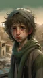 Placeholder: a Palestinian poor boy with curly hair, tears on eyes, holding olive branch, in keffiyeh, torn old dirty clothes in winter, ruined city background, winter , art by Wadim Kashin, James Gurney, Alphonse Mucha, Louis Royo, Alberto Seveso, Jeremy Mann and Russ Mills