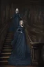 Placeholder: The Countess is a ghost, she has a long, flowing dark blue dress. she goes down the stairs, Hanging in the castle room, there is a tapestry composed of the preserved faces of the Countess' ancient victims.