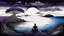 Placeholder: one alone human shiluette sitting on deep colors dark purple, gray, black, dark blue, white, brown. and metallic colors,, little island on big ocean, next the island close there is beautyful color landscape with cites and with many humans, deep dark colors . lonely. detailed artistic surreal drawing with painted and ink picture, random normal neurotipical lifes contrast the weird inner world with neurodivergens soul an