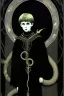 Placeholder: 7 year old boy, necromancer, friendly, looks dead,with a lamprey serpent , wearing black robes, in the style of Harry Clarke