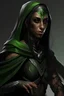 Placeholder: Immagine fantasy di un elfo femmina guerriera di pelle mulatta con occhi verdi e velo nero che lascia scoperti solo gli occhi, corpo magro e lungo mantello, cicatrice sul gomito