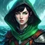 Placeholder: dungeons & dragons; portrait; headshot; female; teenager; pale skin; short black hair; green eyes; warlock; the fathomless; sea travel clothes; sailing clothes; hood down; soft; deep sea; deep ocean