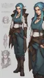 Placeholder: Yasuo , bits of color, Sketch book, hand drawn, dark, gritty, realistic sketch, Rough sketch, mix of bold dark lines and loose lines, bold lines, on paper, turnaround character sheet, female half elf, Full body, arcane symbols, runes, dark theme, flowing partially braided pale blue hair, beautiful, handsome, padded leather clothing embroidered with runes, modest, leather rune embroidered boots