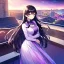 Placeholder: girl, masterpiece, best quality, cinematic lighting, detailed outfit, perfect eyes, long hair, black hair, purple eyes, beautiful lighting, vibrant colors, starry sky, shooting star, rooftop, town, smile,