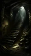Placeholder: A stair from underground to anothet, darkness reigns supreme, swallowing light and casting an eerie gloom. Jagged rocks jut ominously, shadows dancing with unseen creatures. Sinister shapes glide, eyes gleaming in the murky depths. Distant rumblings and creaking sounds fill the water, sending shivers. In this desolate underworld, fear of the unknown pervades every corner, where the slightest movement evokes terror. It's a realm where nightmares manifest, and the deep, unfathomable expanse inst