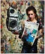 Placeholder: happy beautiful girl holding big proffesional camera in studio. street art, oil on canvas, spray paint, collage, letters, newspapeers, Dave McKean, Vladimir Fedotko, Saturno Butto, Vaughn Bodé, Frank Wu, James C. Christensen, collage, dirty, paint dripping, radiant