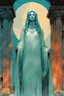 Placeholder: create an imaginative print illustration of the pale translucent ghost of an ancient female Oracle, Pythia clothed in ragged ornate Grecian robes, with finely detailed hair and feminine facial features, in the ruined temple of the dead , in the comic book art style of Bill Sienkiewicz, Mike Mignola, and Jean Giraud Moebius, finely textured, drawn, colored, and inked, suffused with dark foreboding shadows