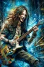 Placeholder: A ultra realistic poster of a rock and roll tattooed long hair guy playing electric guitar , having word sign as “street art ”, by Daniel Castan Carne Griffiths Andreas Lie Russ Mills Leonid Afremov, black background, fine lines draw, smile, standing in the temple