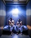 Placeholder: full figure shot photography of two arab prisoners in cell sitting on the edge of a bed talking, muscular hairy chubby 45 years old,long beard, low lights, misery and poverty, in undershirt and boxers, little light enters from a skylight above, lights from above, photorealistic, ambient occlusion, front view from below